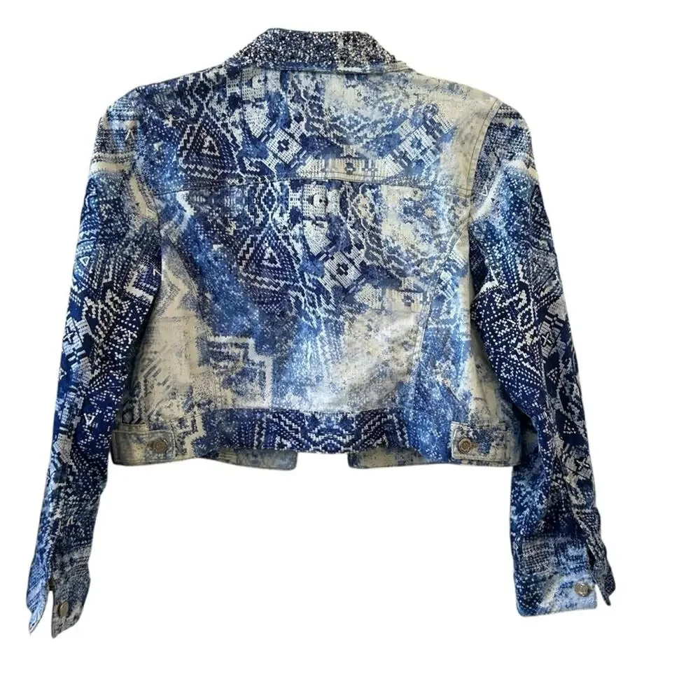 Chicos Mixed Artisan Pattern Beaded Cropped Blue and White Jean Jacket Medium